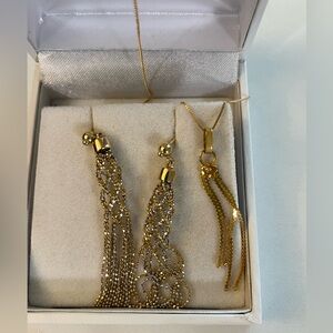Diamond cut tassel two tone dangling earrings & necklace.